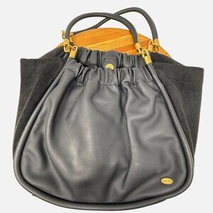 Scoop Black Faux Leather Faux Suede Slouchy Tote Bag Gold Hardware Top Handle